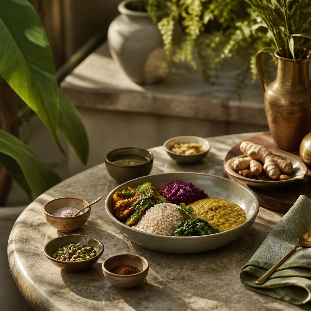 Warm Ayurvedic food and herbs arranged for a calm meal
