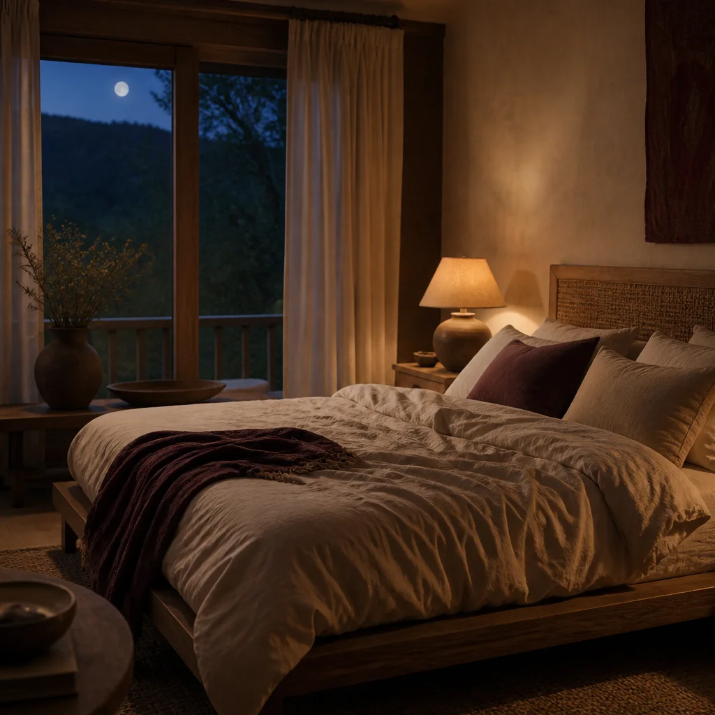 Peaceful premium bedroom prepared for evening rest
