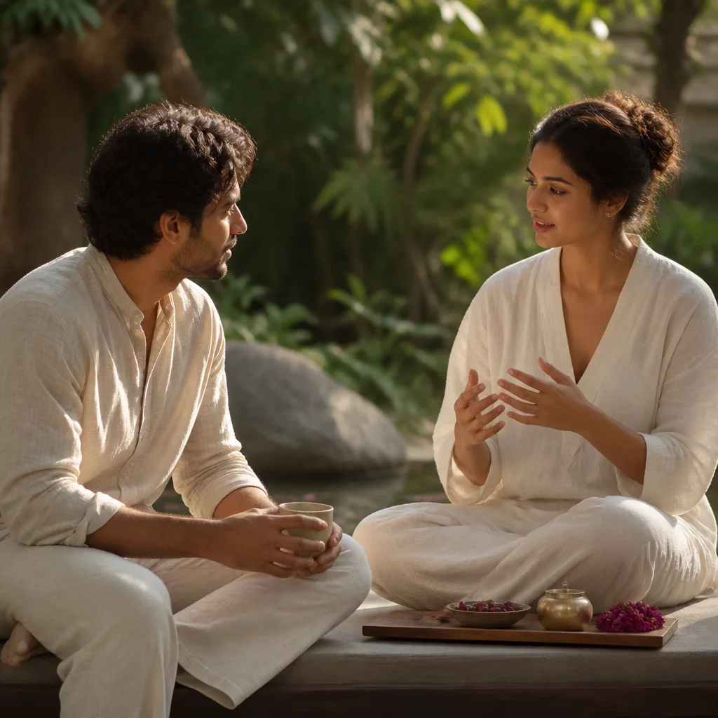 Warm, attentive conversation in a tranquil retreat setting