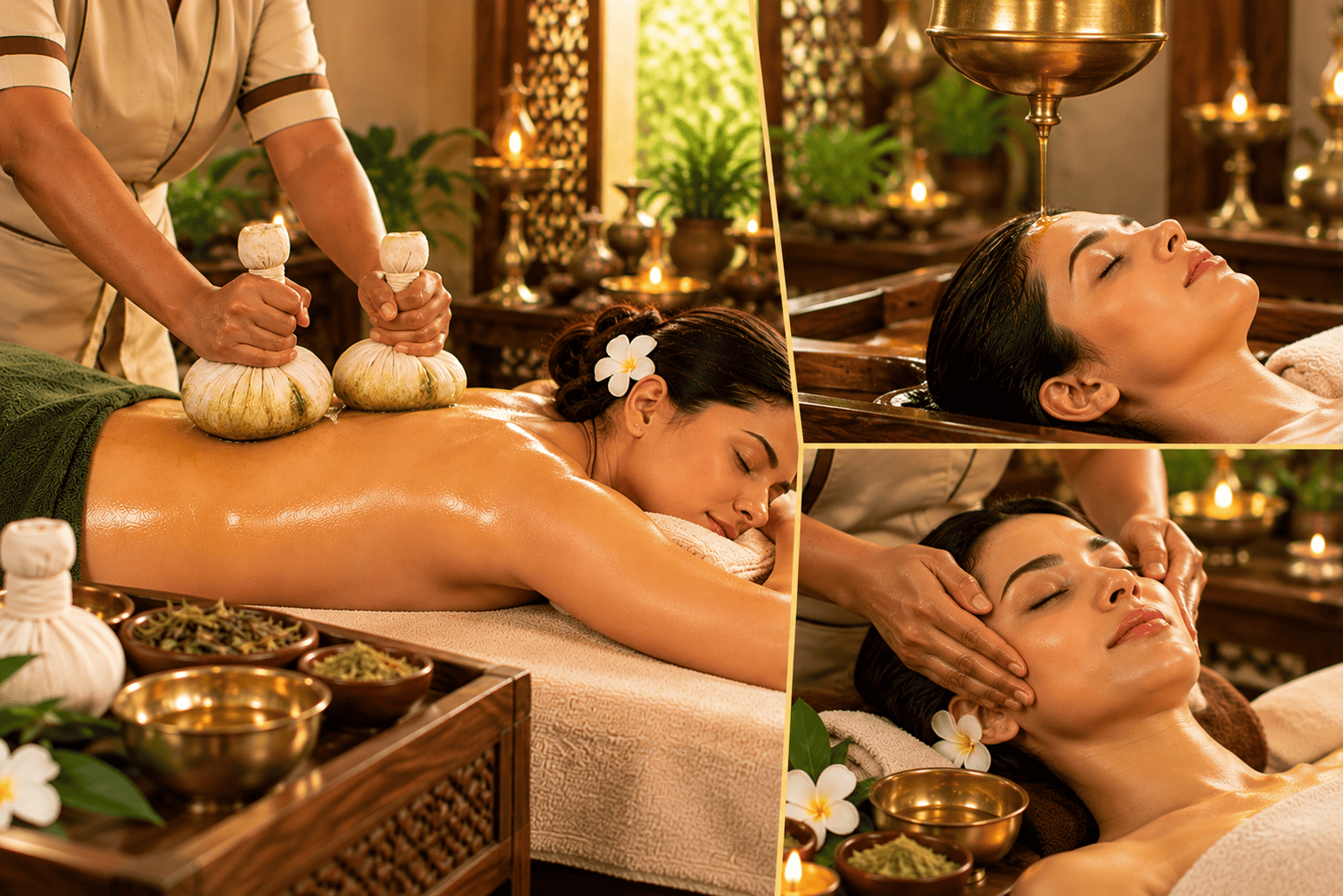 Abhyanga with bolus bag, Shirodhara and face massage